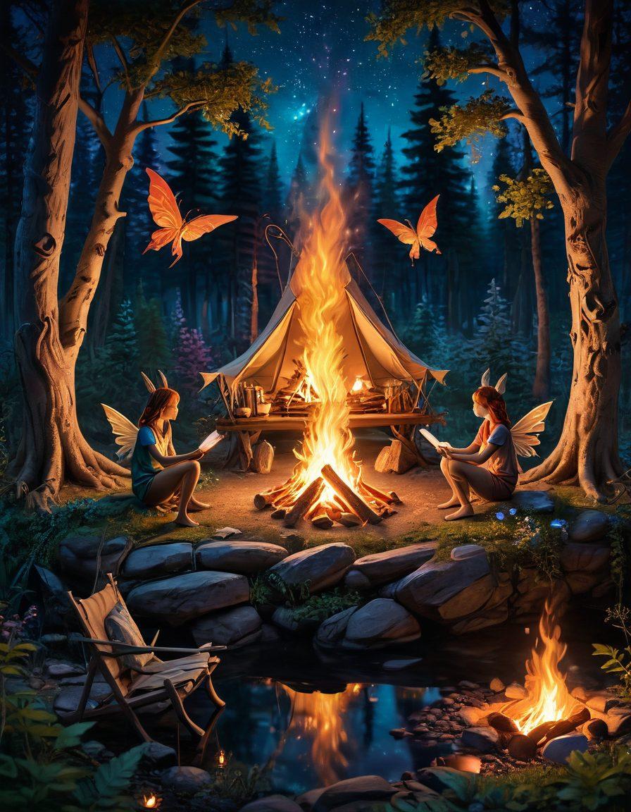 A captivating scene blending a serene wilderness campsite with whimsical fantasy elements: a campfire glowing softly under a starry sky, surrounded by mythical creatures like fairies and gentle dragons peeking through the trees. Intricate details of marshmallows on sticks and playful shadows create an inviting atmosphere. Include a hint of sensuality in the fantastical creatures' design, emphasizing the unique intersection of nature and allure. vibrant colors. fantasy art. enchanting mood.