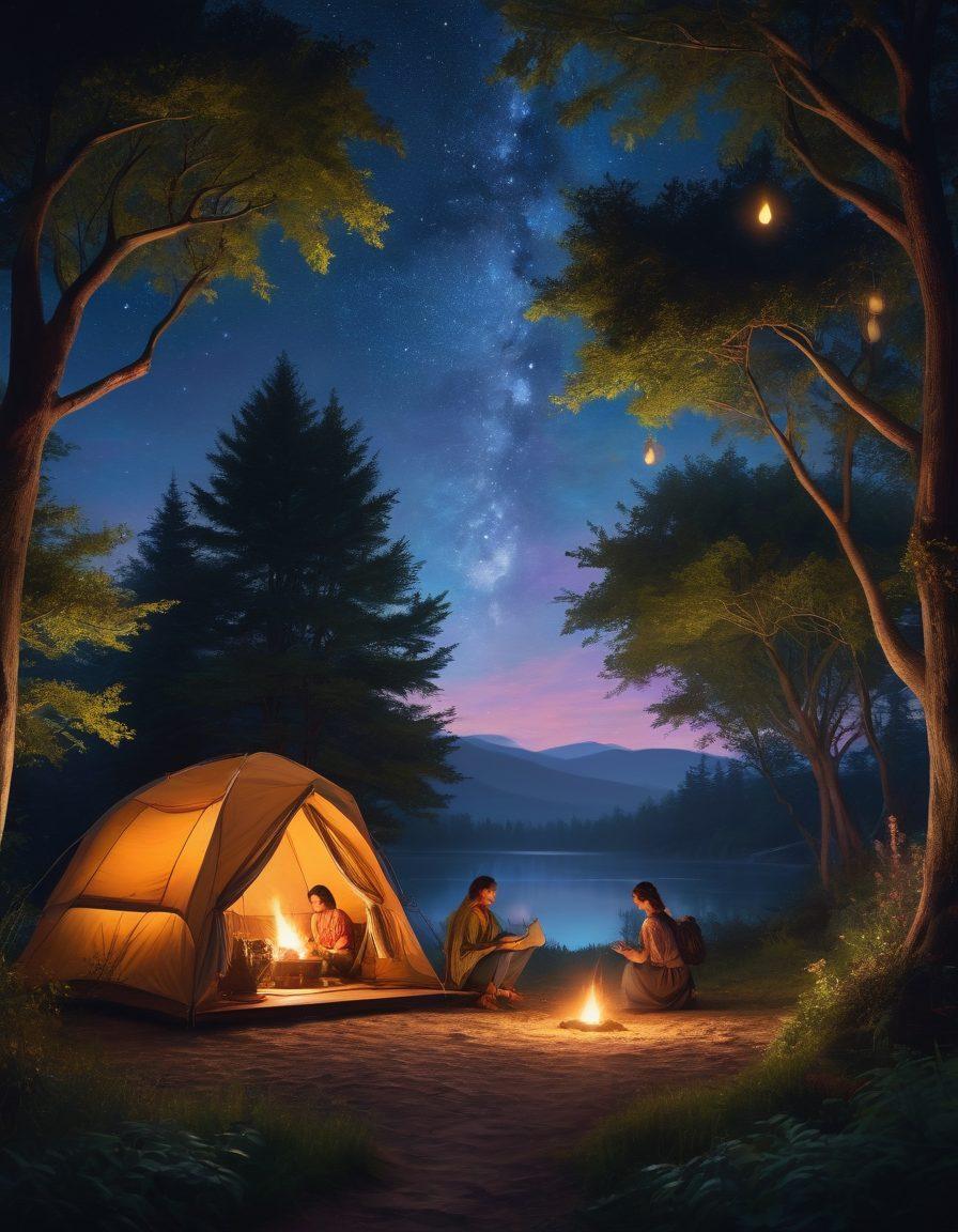 A serene outdoor scene with a cozy tent set against a starry night sky, gently illuminated by soft glowing lanterns. Silhouettes of a couple sharing intimate moments by a campfire, surrounded by nature. Subtle hints of fantasy elements, like playful fairies or ethereal creatures in the background, to evoke a sense of adventure. Emphasize a dreamy atmosphere with vibrant colors and whimsical details. painterly style. vibrant colors. night scene.