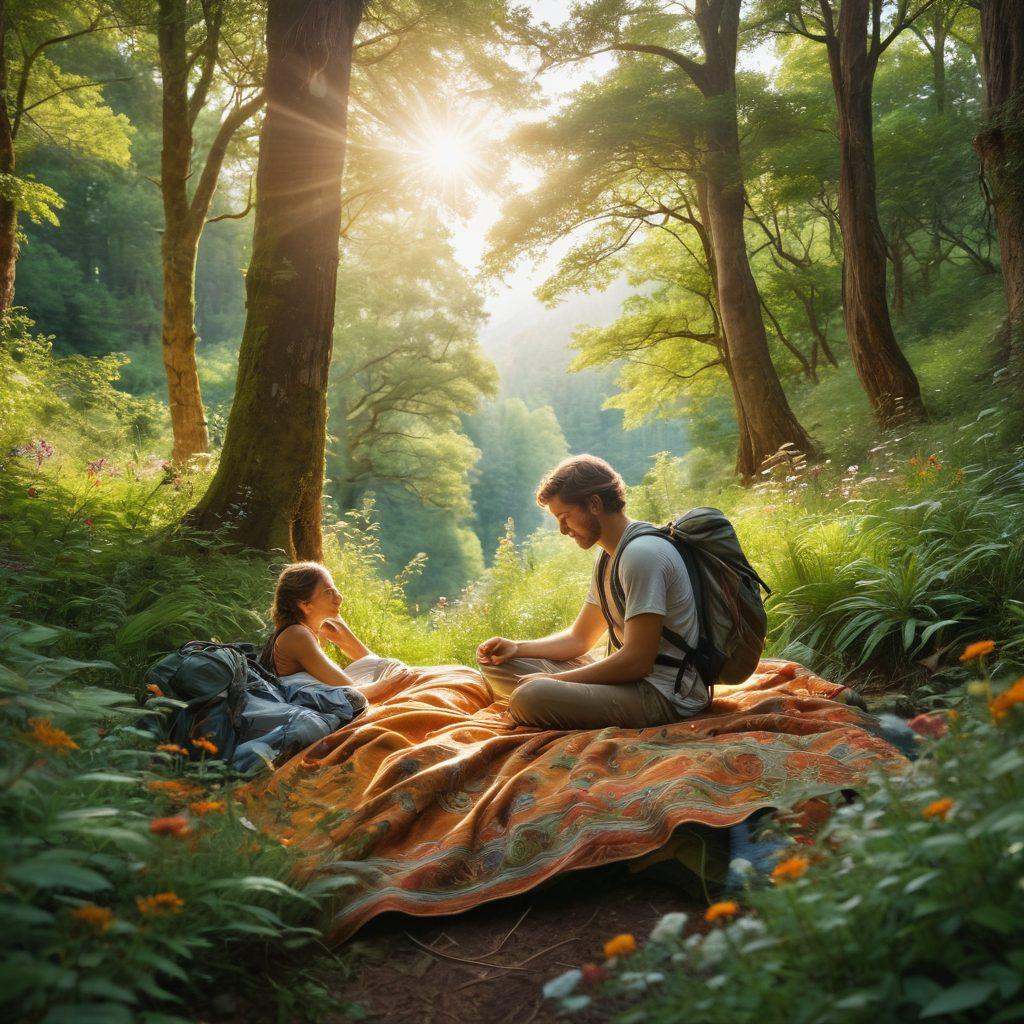 A serene outdoor scene featuring a lush forest with dappled sunlight filtering through the trees. In the foreground, a couple enjoys an intimate moment on a blanket surrounded by flowers and nature, embodying connection and freedom. Incorporate elements of adventure like a backpack and nearby hiking equipment to suggest exploration. The colors should be warm and inviting, creating a sense of romance. super-realistic. vibrant colors.